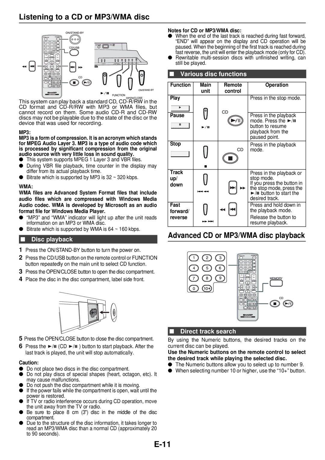 Sharp DK-KP95PH Listening to a CD or MP3/WMA disc, Disc playback, Various disc functions, Direct track search 