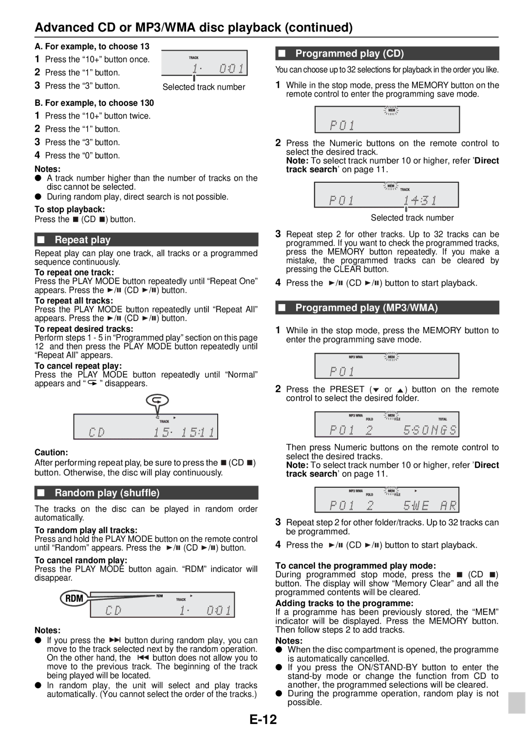 Sharp DK-KP95PH operation manual Advanced CD or MP3/WMA disc playback, Repeat play, Random play shuffle, Programmed play CD 