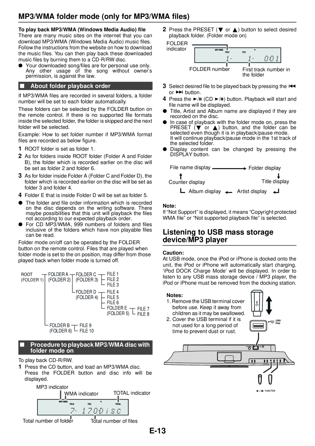 Sharp DK-KP95PH MP3/WMA folder mode only for MP3/WMA files, Listening to USB mass storage device/MP3 player 