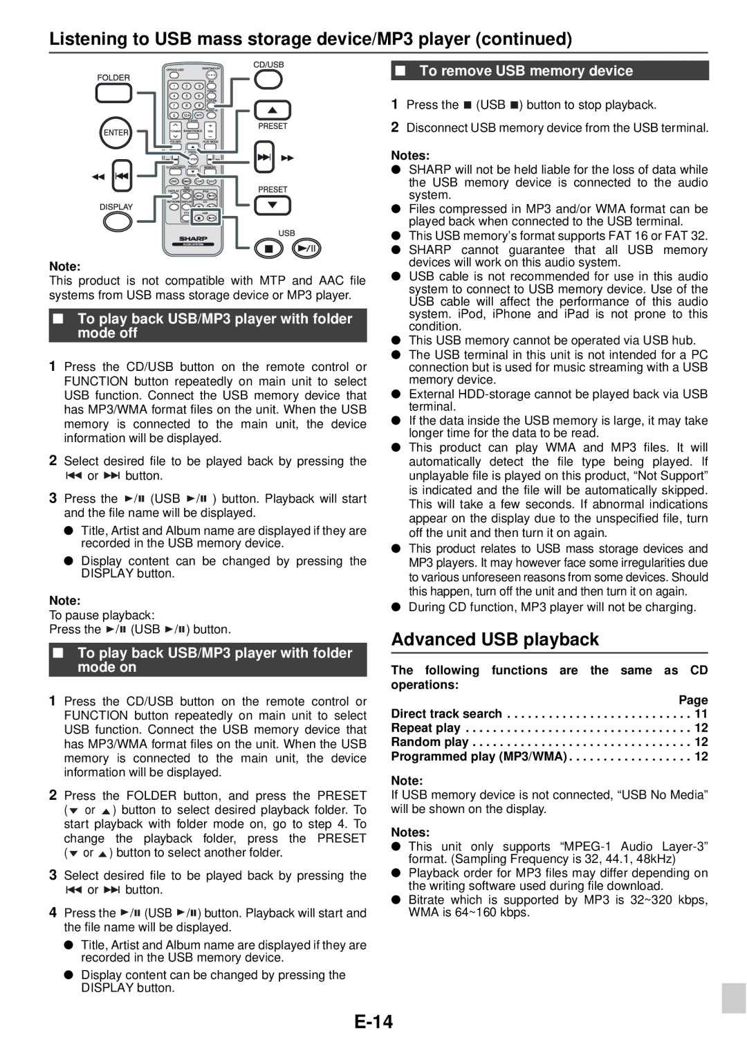 Sharp DK-KP95PH Advanced USB playback, To play back USB/MP3 player with folder mode off, To remove USB memory device 