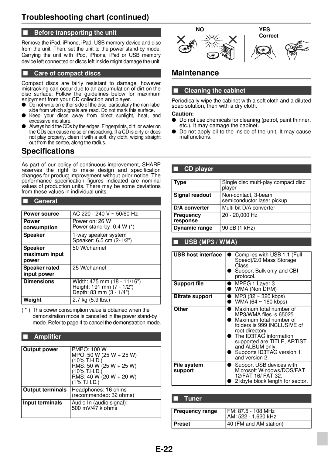 Sharp DK-KP95PH operation manual Maintenance, Specifications 