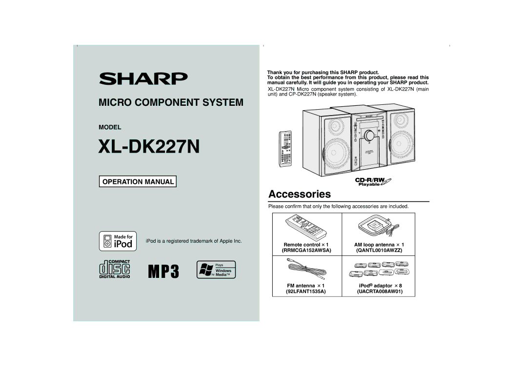 Sharp DK227N operation manual Thank you for purchasing this Sharp product, Remote control AM loop antenna 