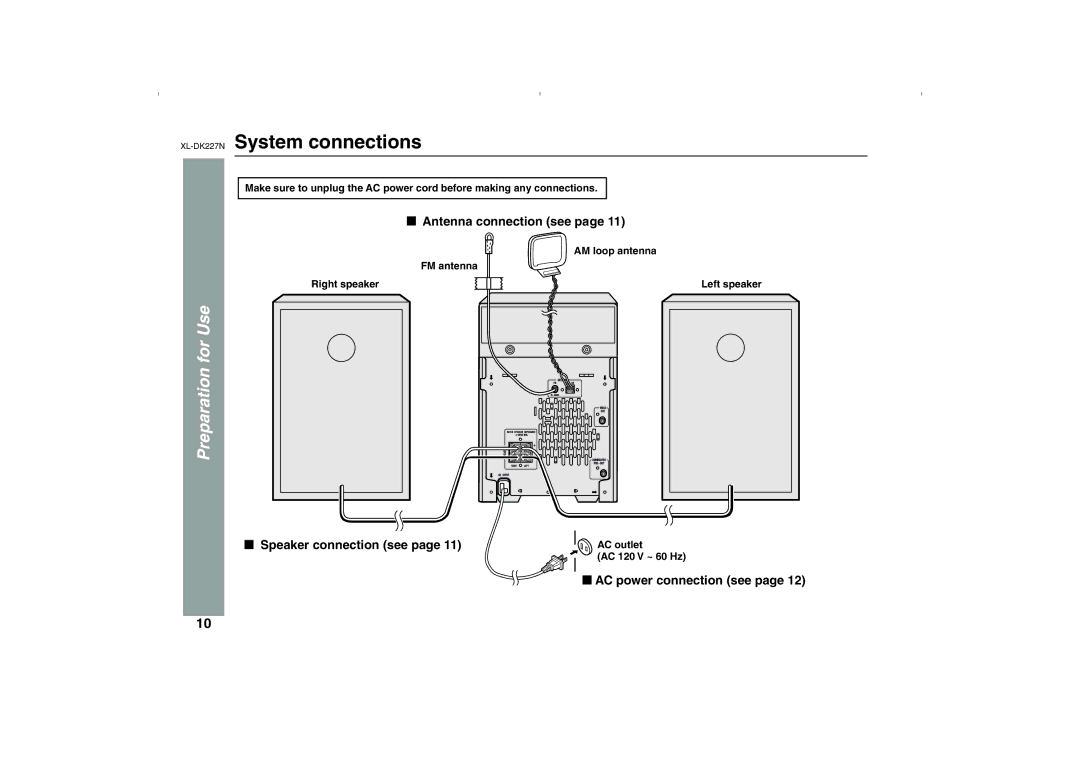 Sharp operation manual XL-DK227NSystem connections, Preparation for Use, Antenna connection see, Speaker connection see 