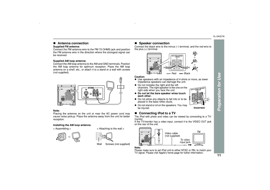 Sharp DK227N operation manual Use, For, Antenna connection, Speaker connection, Connecting iPod to a TV 