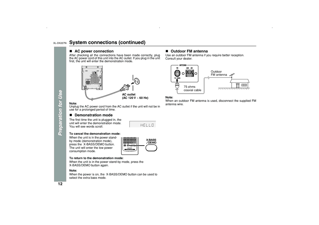 Sharp DK227N operation manual For Use, AC power connection, Outdoor FM antenna, Demonstration mode 