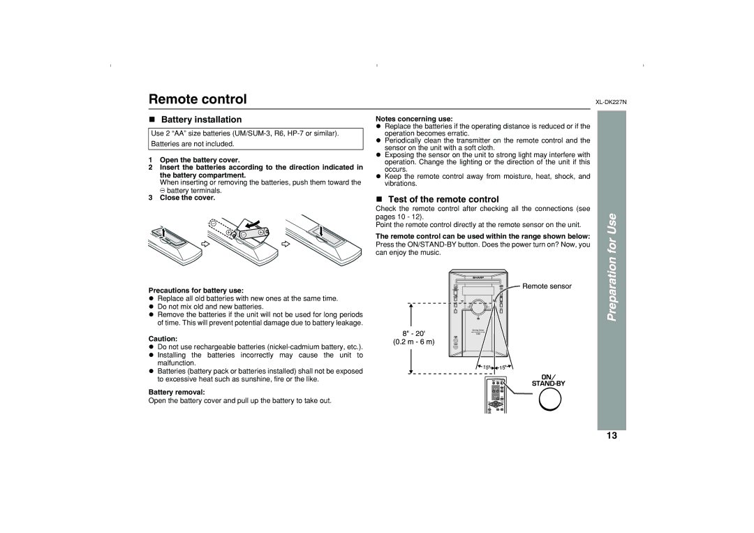 Sharp DK227N Remote control, Battery installation, Test of the remote control, Close the cover Precautions for battery use 