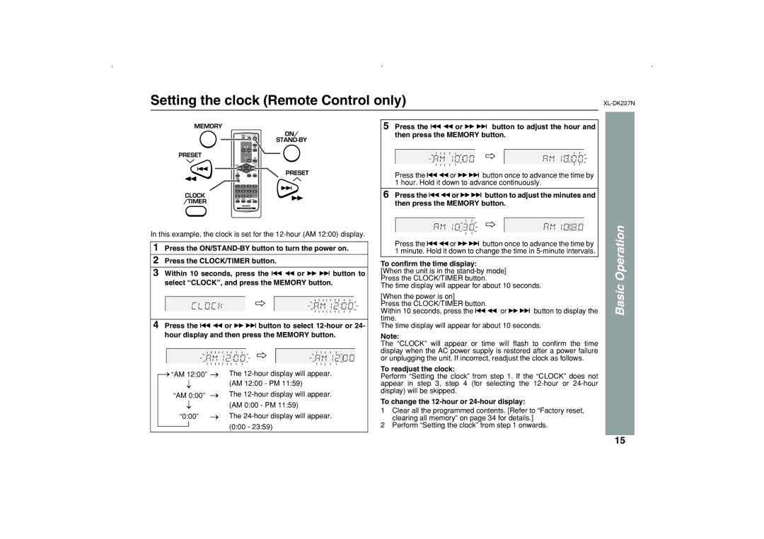 Sharp DK227N operation manual Setting the clock Remote Control only, To conﬁrm the time display, To readjust the clock 