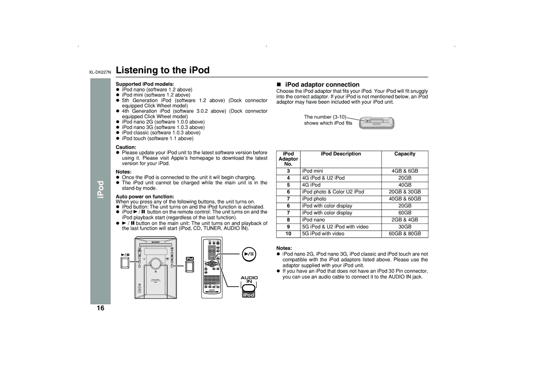 Sharp DK227N operation manual Listening to the iPod, IPod adaptor connection, Supported iPod models, Auto power on function 