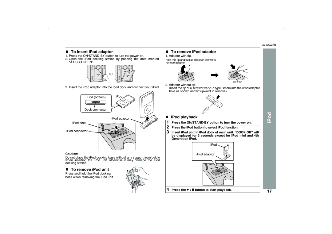 Sharp DK227N operation manual To insert iPod adaptor, To remove iPod unit, To remove iPod adaptor, IPod playback 