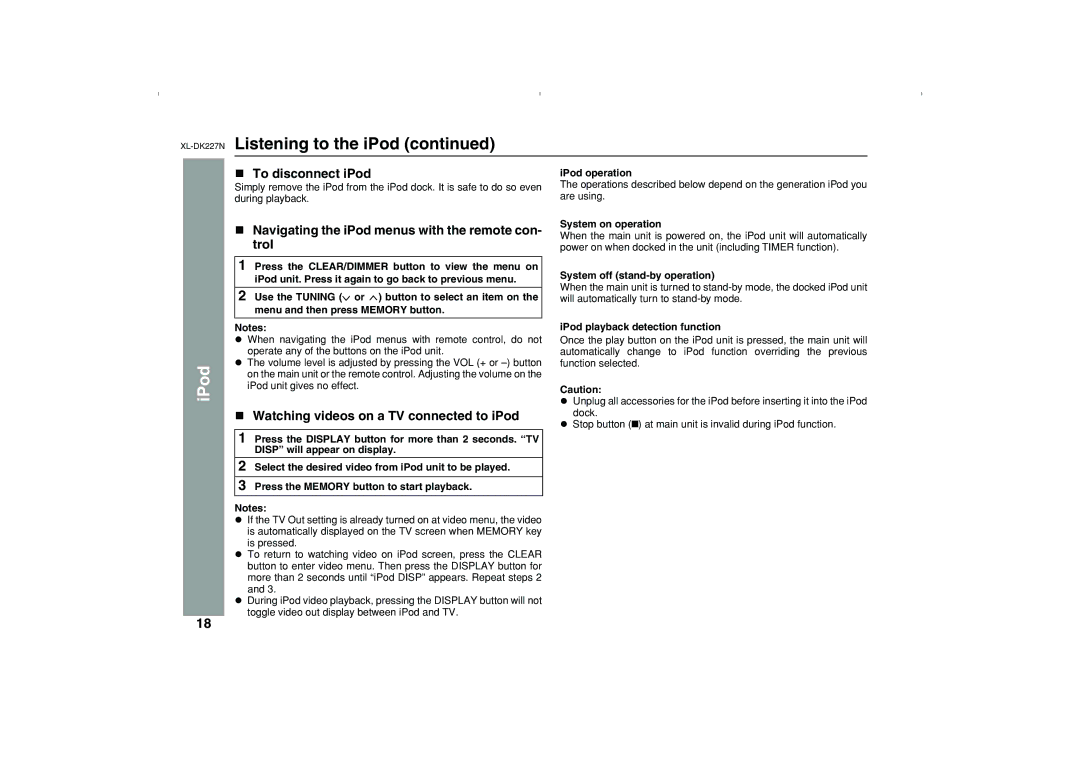 Sharp DK227N operation manual To disconnect iPod, Navigating the iPod menus with the remote con- trol 