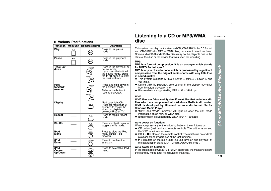 Sharp DK227N operation manual Listening to a CD or MP3/WMA disc, CD or MP3/WMA disc Playback, Various iPod functions 