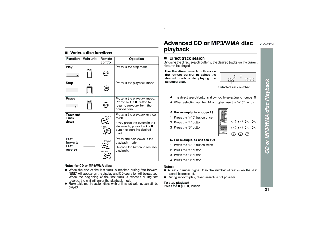 Sharp DK227N operation manual Advanced CD or MP3/WMA disc playback, Various disc functions, Direct track search 