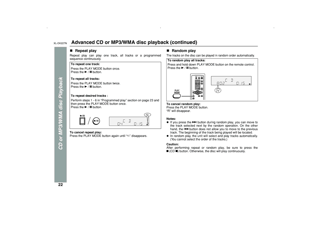 Sharp DK227N operation manual Repeat play, Random play 