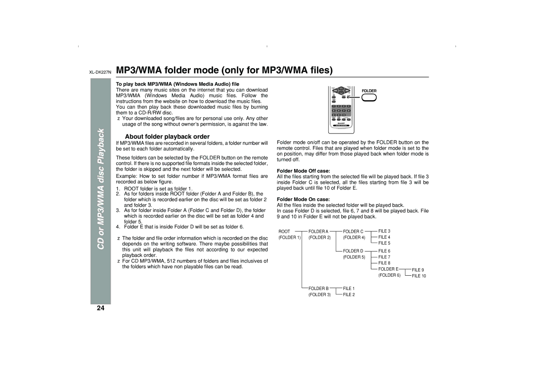 Sharp XL-DK227NMP3/WMA folder mode only for MP3/WMA ﬁles, MP3/WMA disc Playback, About folder playback order 