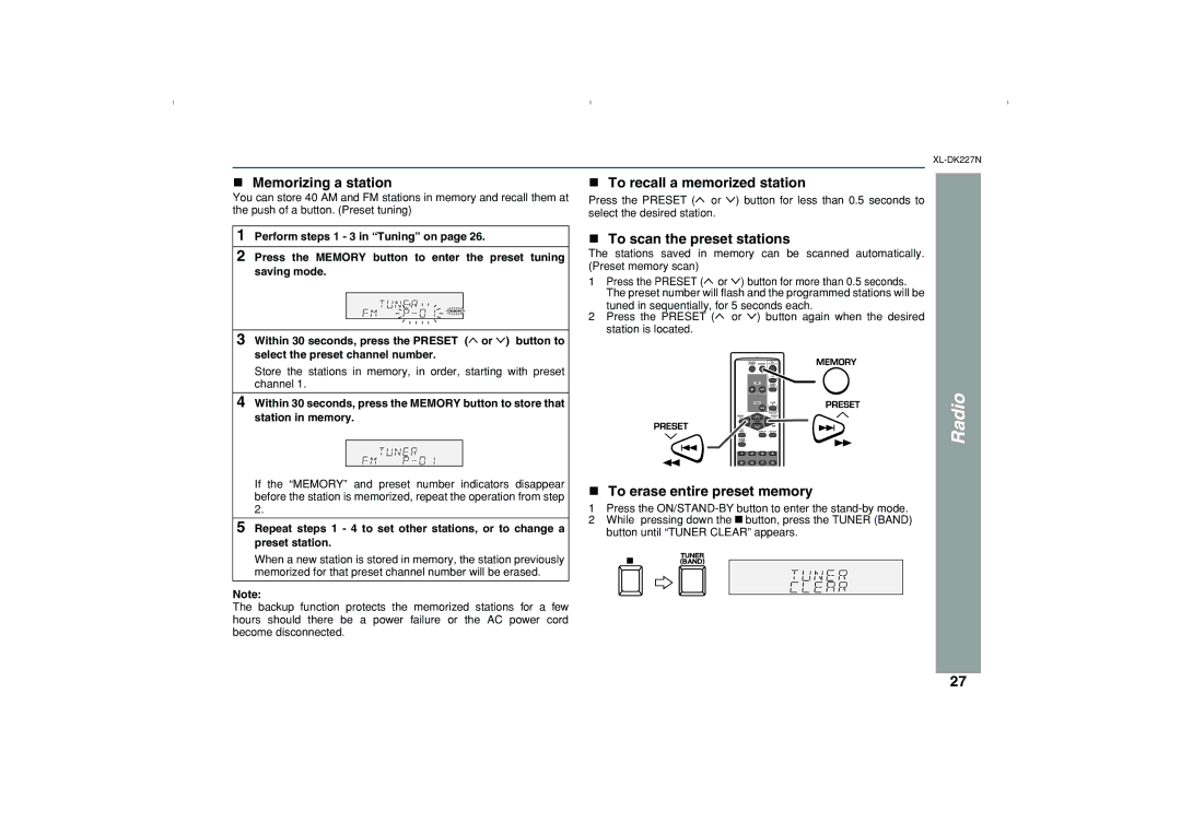 Sharp DK227N operation manual Memorizing a station, To recall a memorized station, To scan the preset stations 