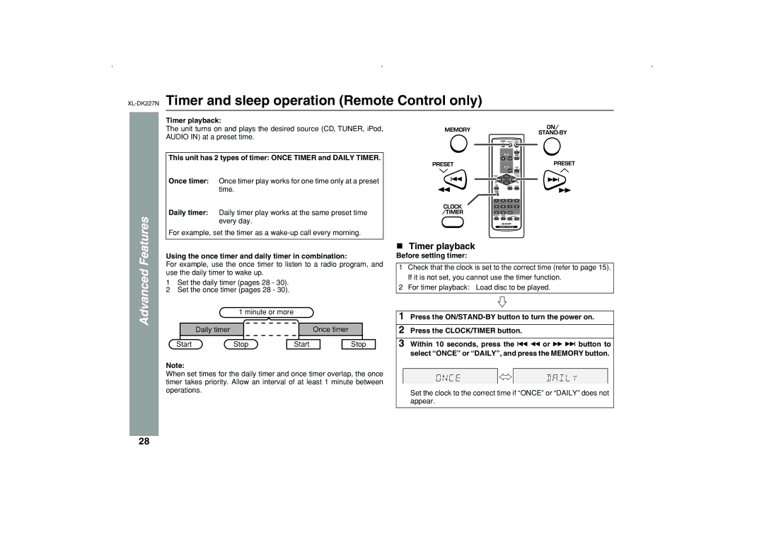 Sharp DK227N operation manual Timer and sleep operation Remote Control only, Features, Advanced, Timer playback 