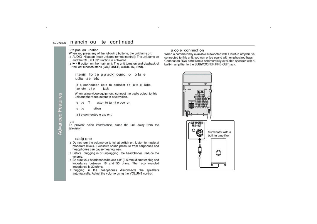 Sharp DK227N operation manual Subwoofer connection, Headphones 