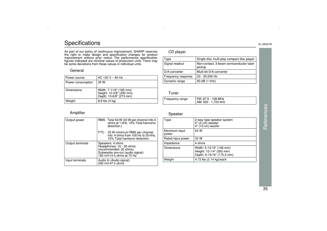 Sharp DK227N operation manual Specifications, Amplifier, Speaker 