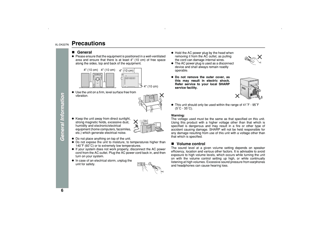 Sharp operation manual XL-DK227NPrecautions, General, Volume control 