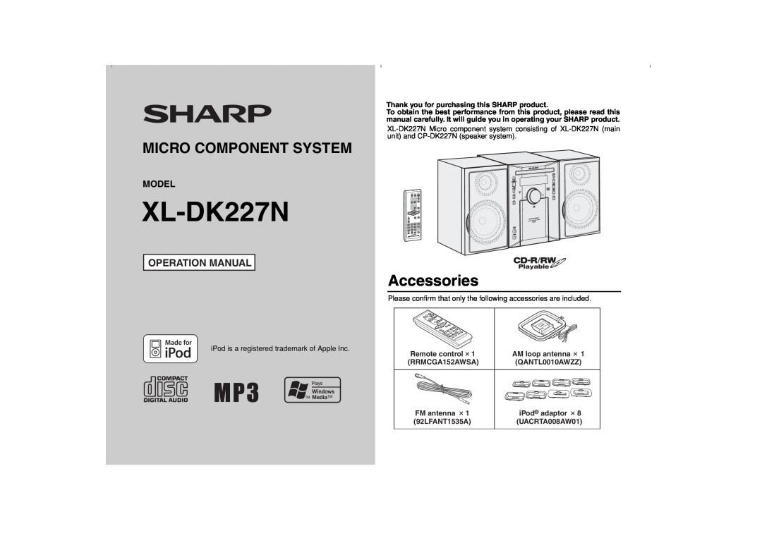 Sharp operation manual Model, XL-DK227N, Accessories, Micro Component System 