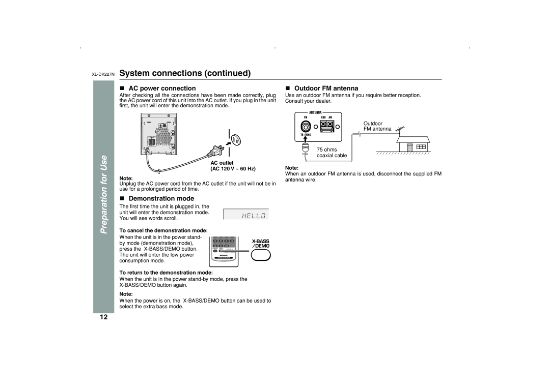 Sharp XL-DK227N System connections continued, for Use, AC power connection, Outdoor FM antenna, Demonstration mode 