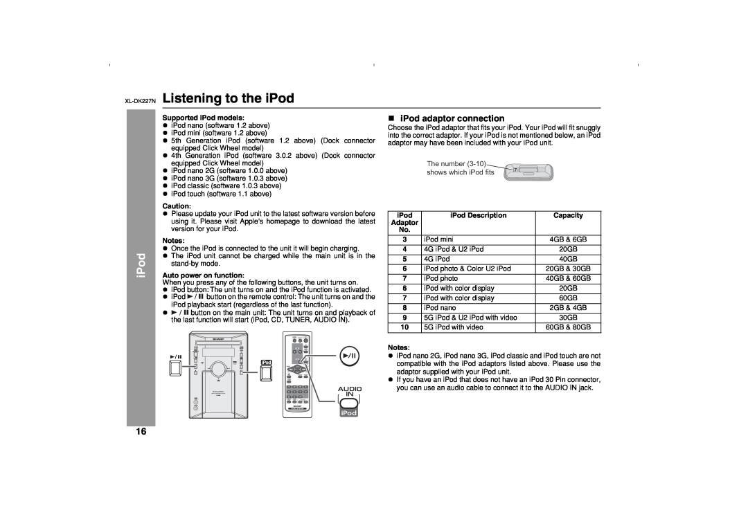Sharp DK227N operation manual Listening to the iPod, iPod adaptor connection 