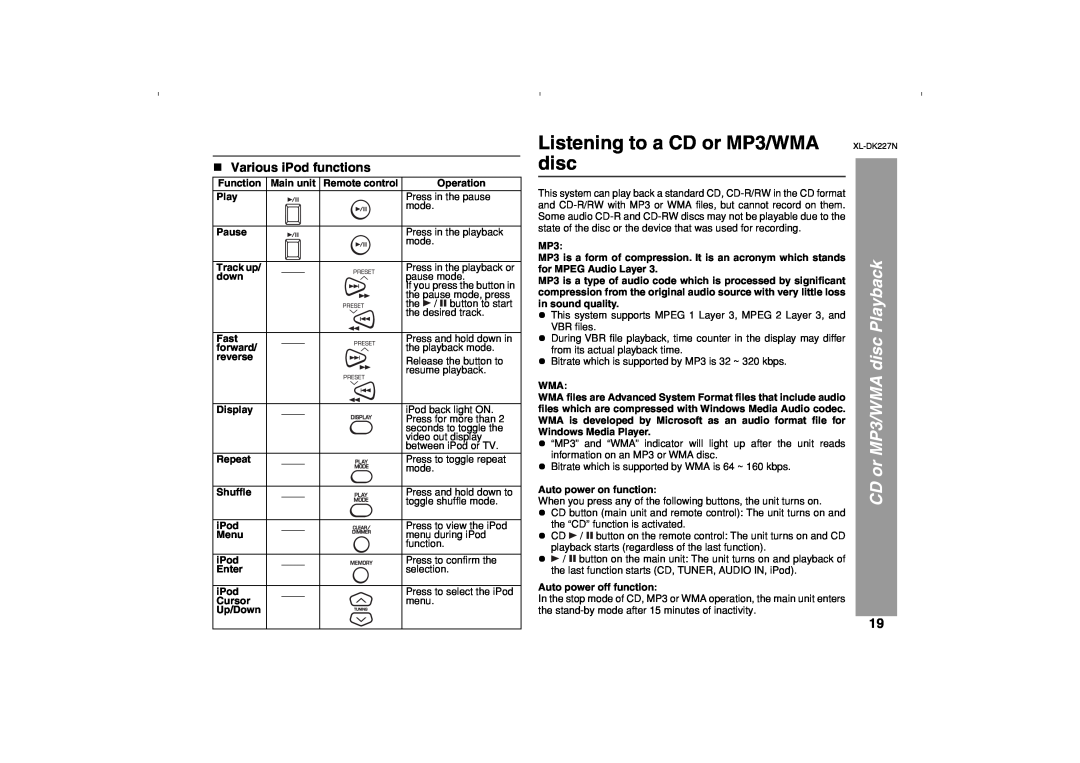 Sharp DK227N operation manual Listening to a CD or MP3/WMA disc, CD or MP3/WMA disc Playback, Various iPod functions 