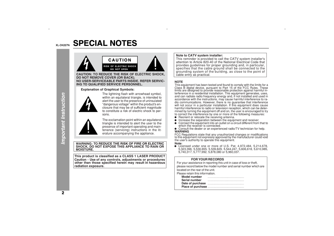 Sharp operation manual XL-DK227N SPECIAL NOTES, Important Instruction 