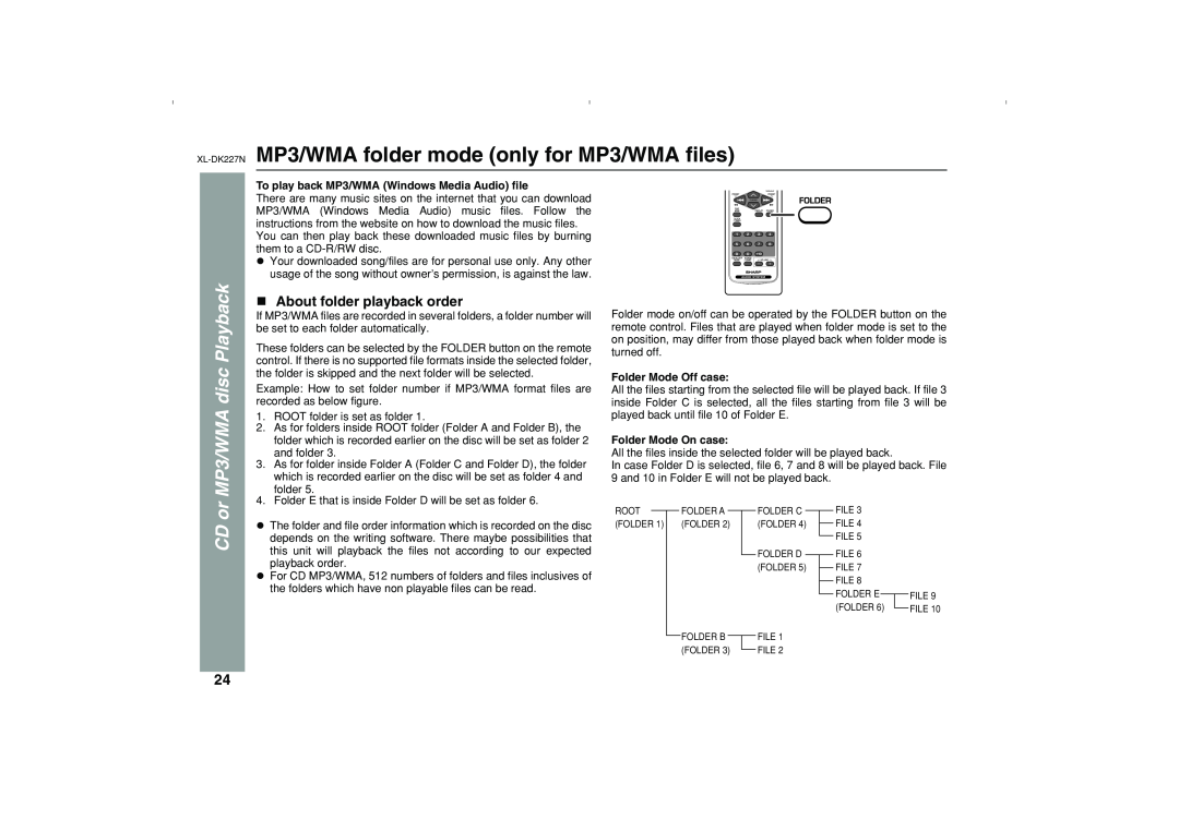 Sharp DK227N operation manual MP3/WMA disc Playback, CD or, About folder playback order 