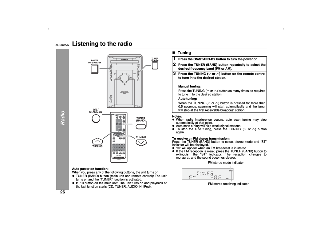 Sharp DK227N operation manual Listening to the radio, Radio, Tuning 