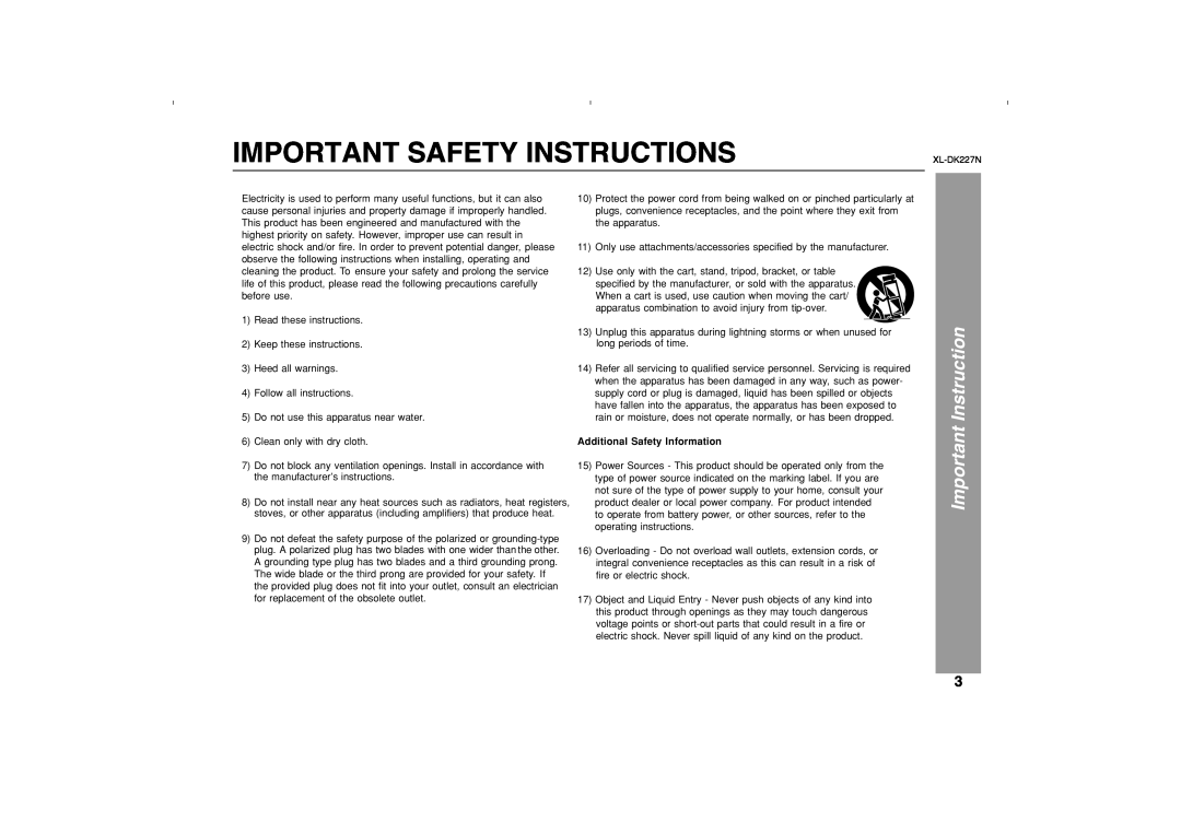 Sharp DK227N operation manual Important Safety Instructions, Important Instruction, Additional Safety Information 