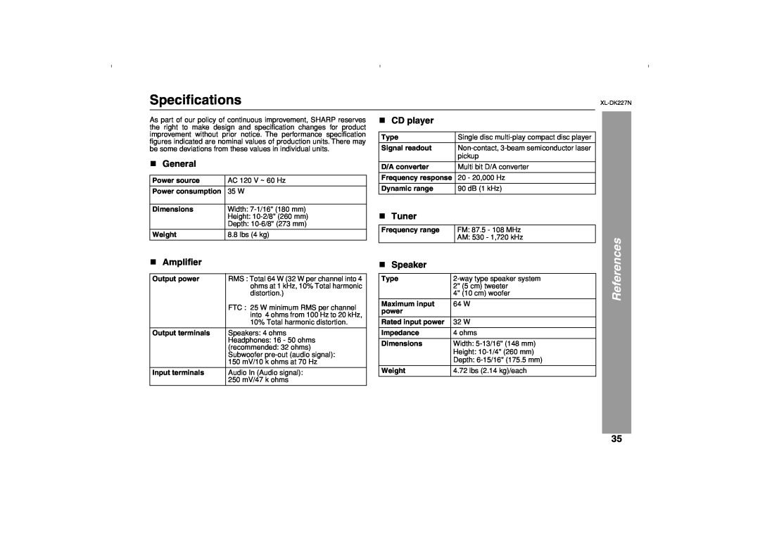 Sharp DK227N operation manual Specifications, References, Amplifier, Speaker, General, CD player, Tuner 