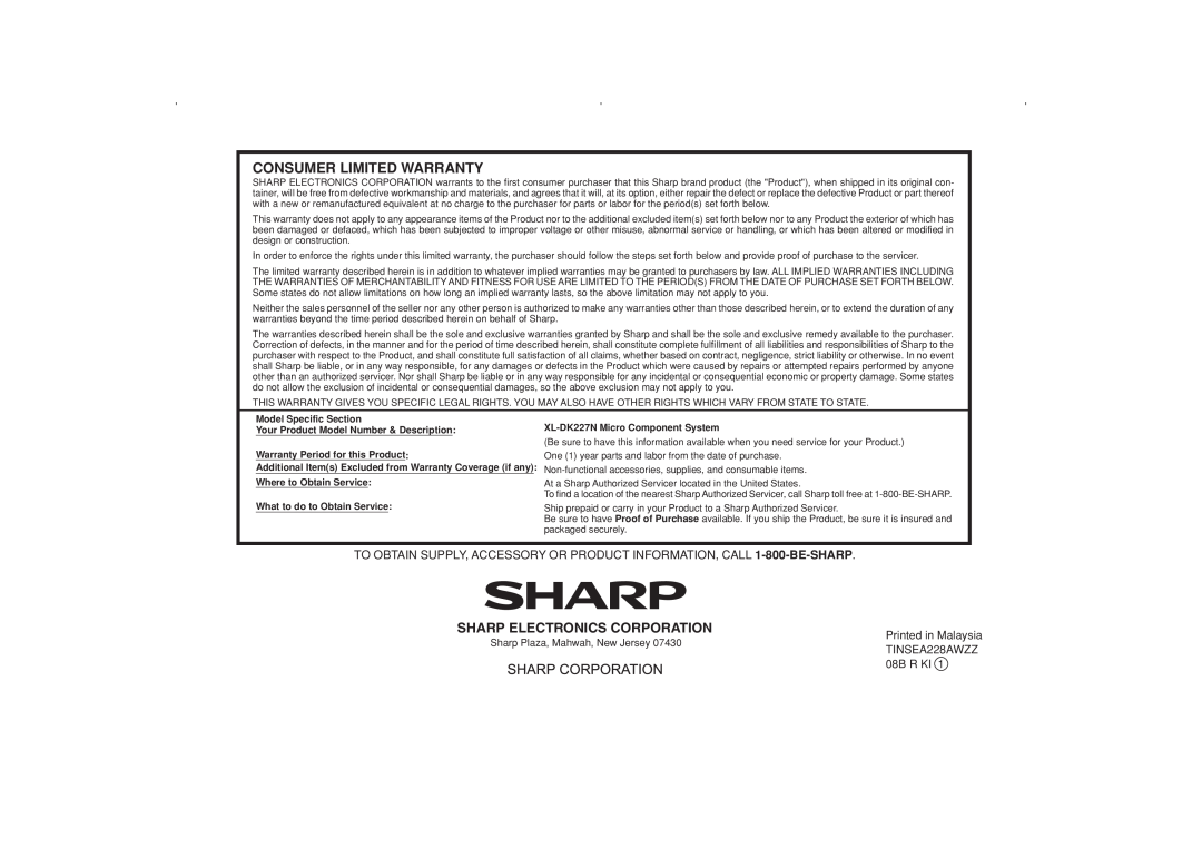 Sharp DK227N Consumer Limited Warranty, Sharp Electronics Corporation, Model Specific Section, Where to Obtain Service 