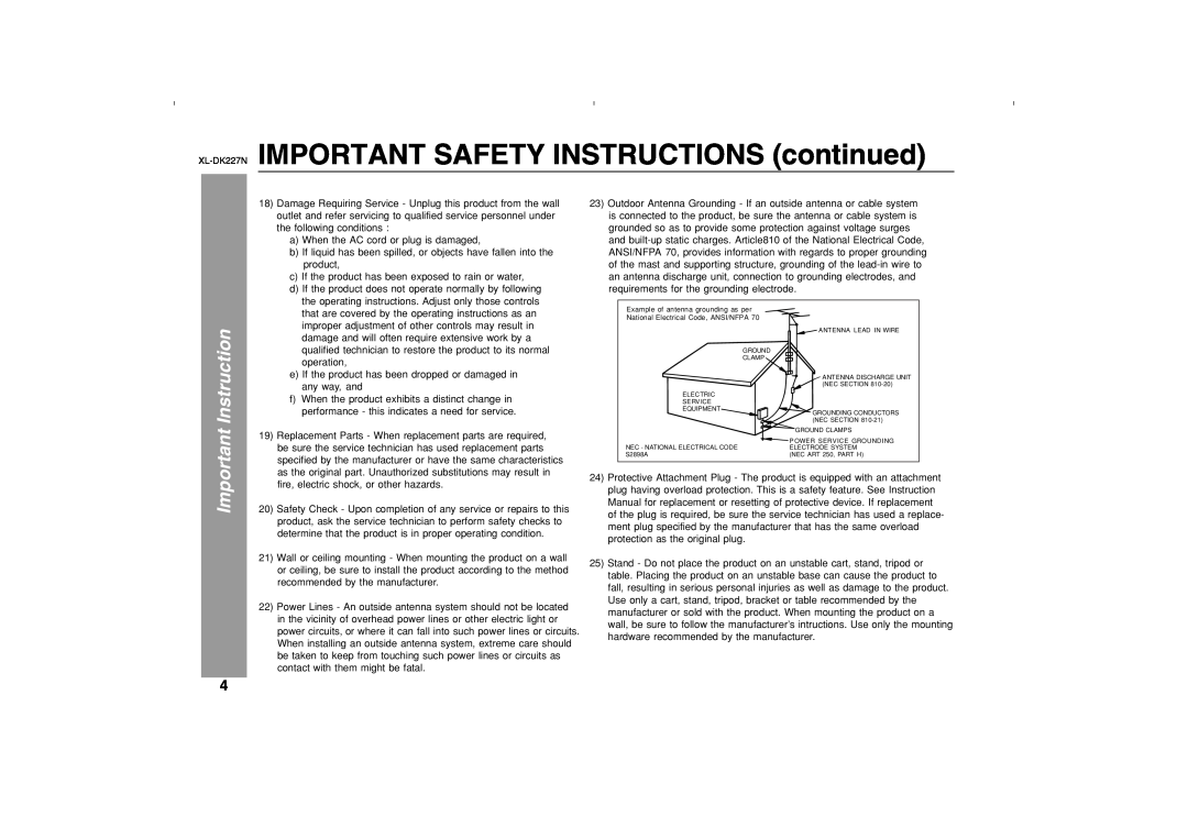 Sharp operation manual XL-DK227N IMPORTANT SAFETY INSTRUCTIONS continued, Important Instruction 