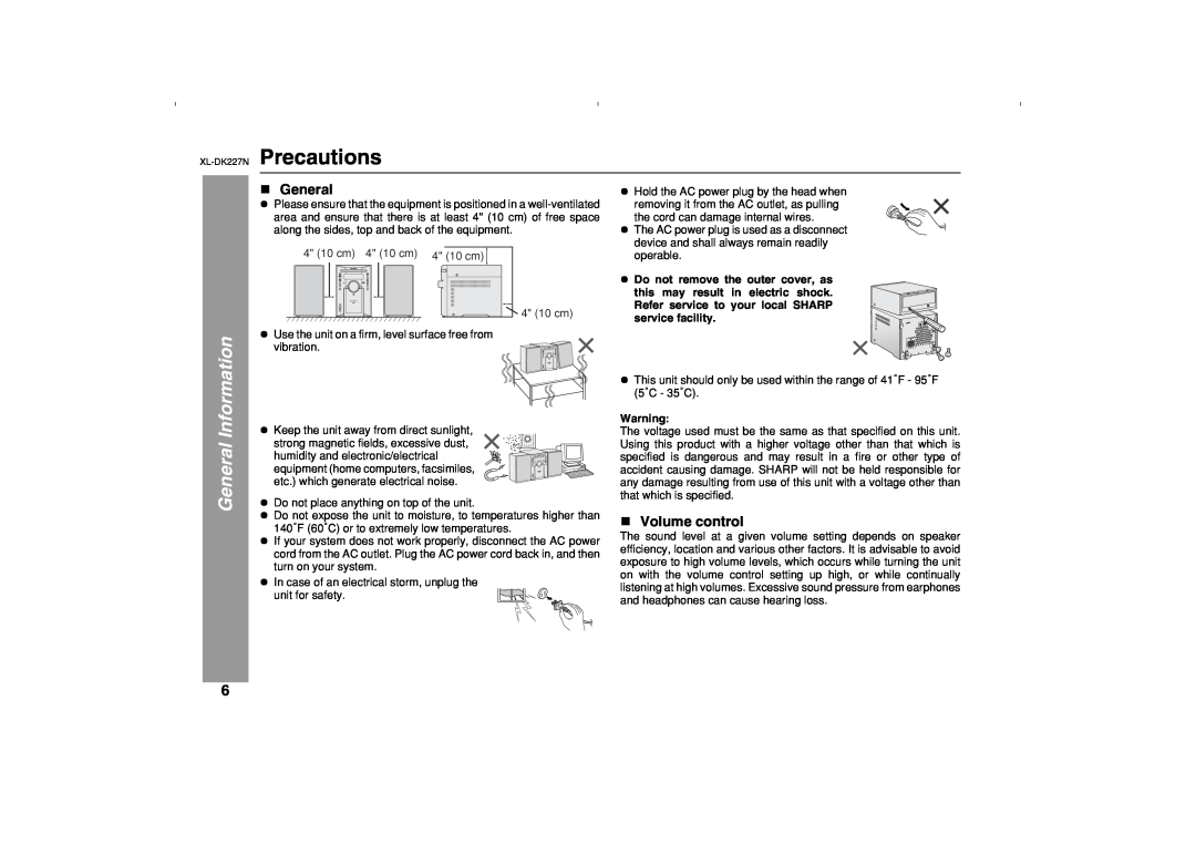 Sharp operation manual XL-DK227N Precautions, General Information, Volume control 