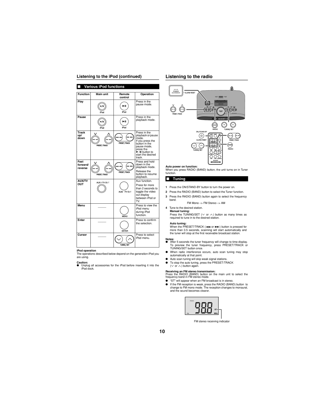 Sharp DKCL6N, DK-CL66N operation manual Listening to the radio, Listening to the iPod, Various iPod functions, Tuning 