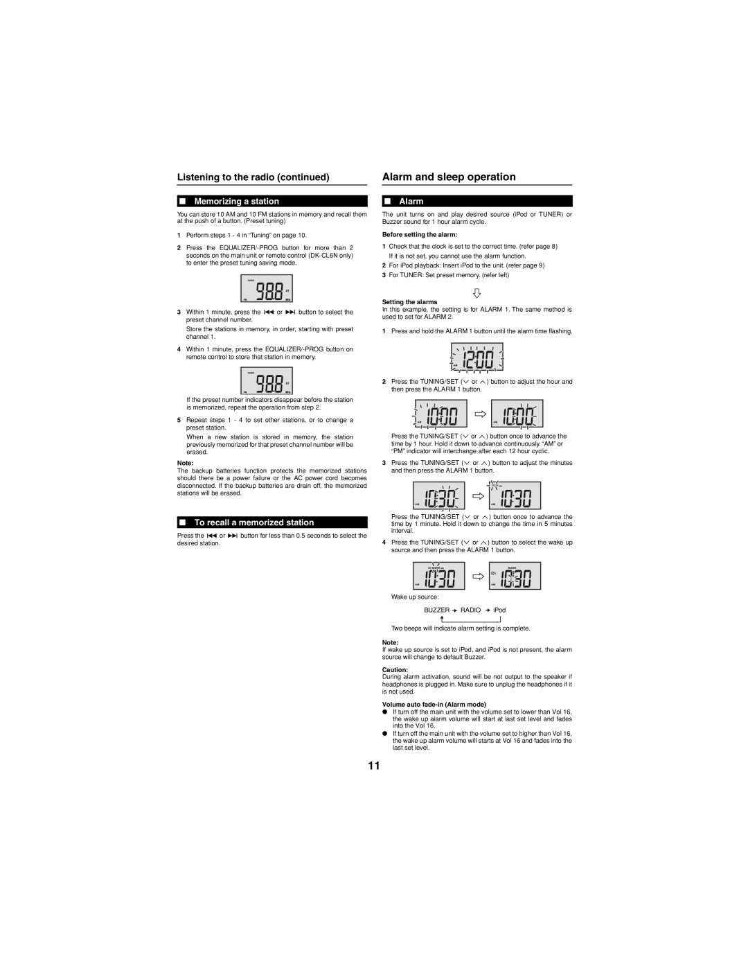 Sharp DK-CL66N Alarm and sleep operation, Listening to the radio, Memorizing a station, To recall a memorized station 