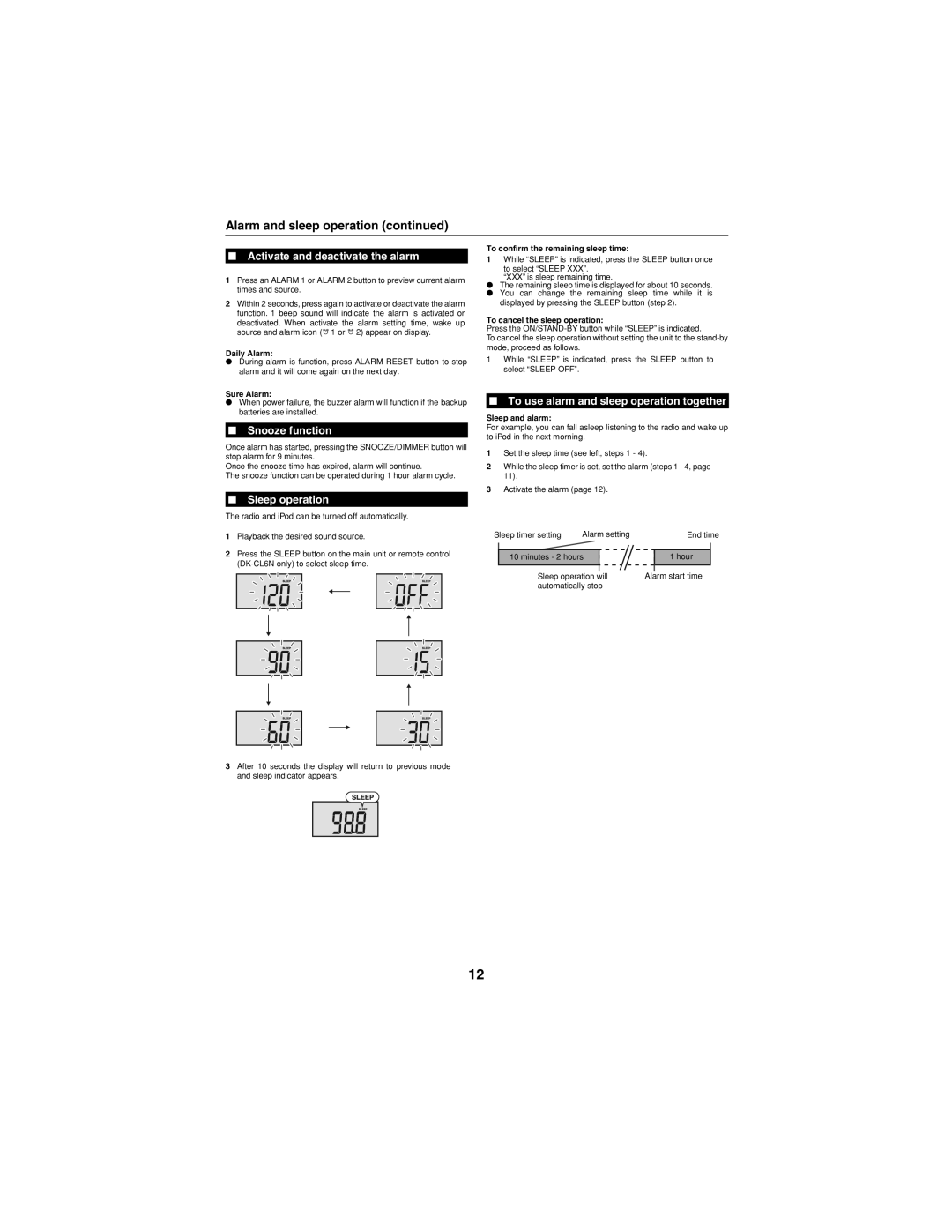 Sharp DKCL6N, DK-CL66N Alarm and sleep operation, Activate and deactivate the alarm, Snooze function, Sleep operation 