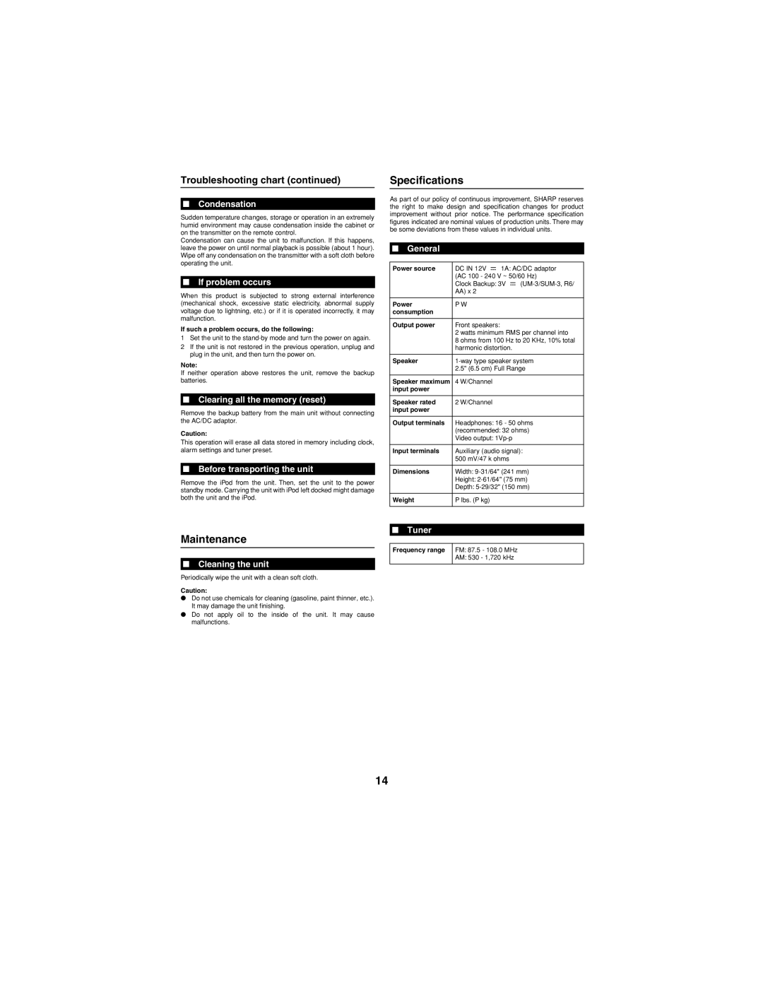 Sharp DKCL6N, DK-CL66N operation manual Specifications, Maintenance, Troubleshooting chart 