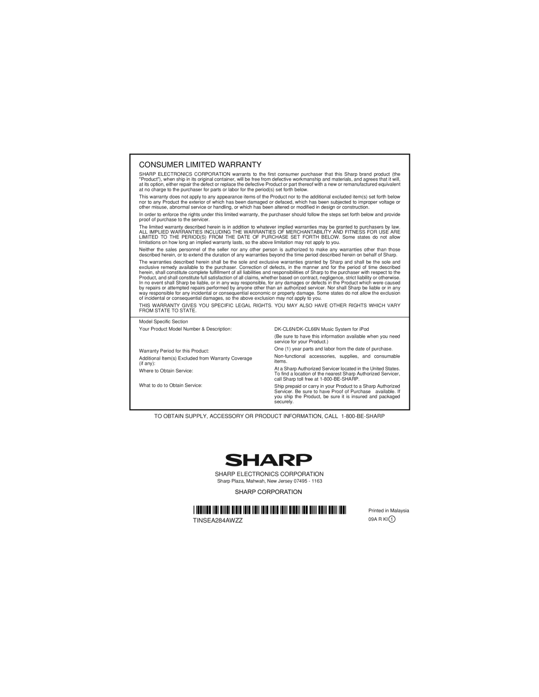 Sharp DKCL6N, DK-CL66N operation manual Consumer Limited Warranty 