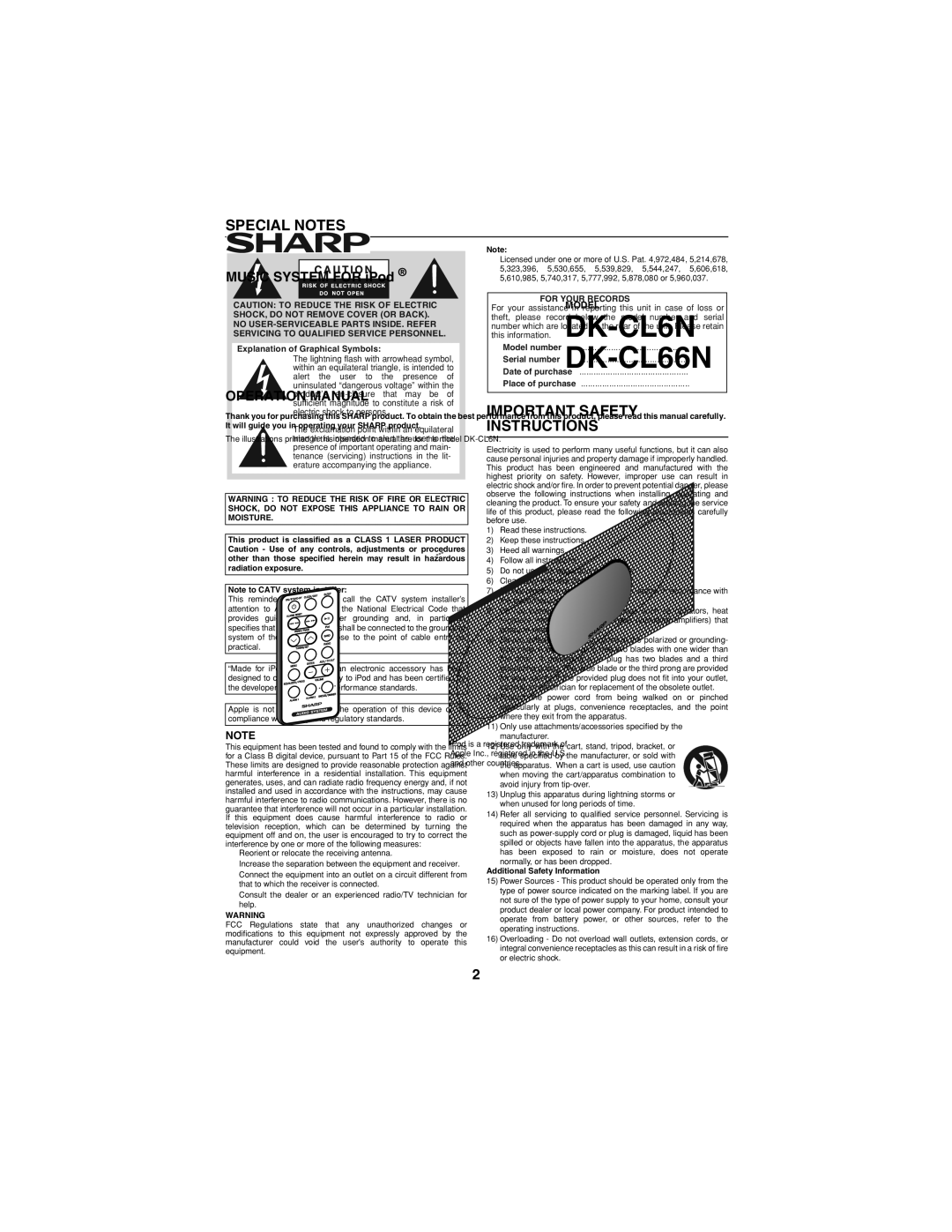 Sharp DKCL6N, DK-CL66N operation manual Special Notes, Additional Safety Information 