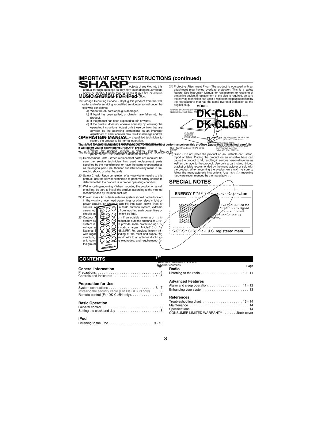 Sharp DK-CL66N, DKCL6N operation manual Important Safety Instructions 