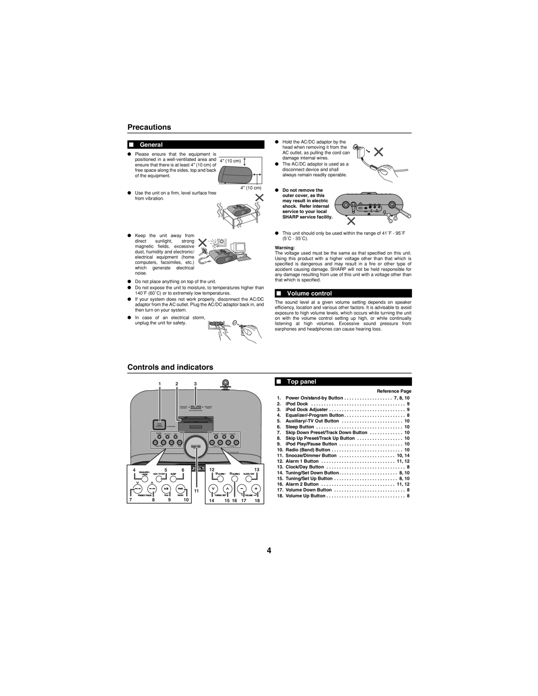 Sharp DKCL6N, DK-CL66N operation manual Precautions, General, Volume control, Top panel, Power On/stand-by Button IPod Dock 