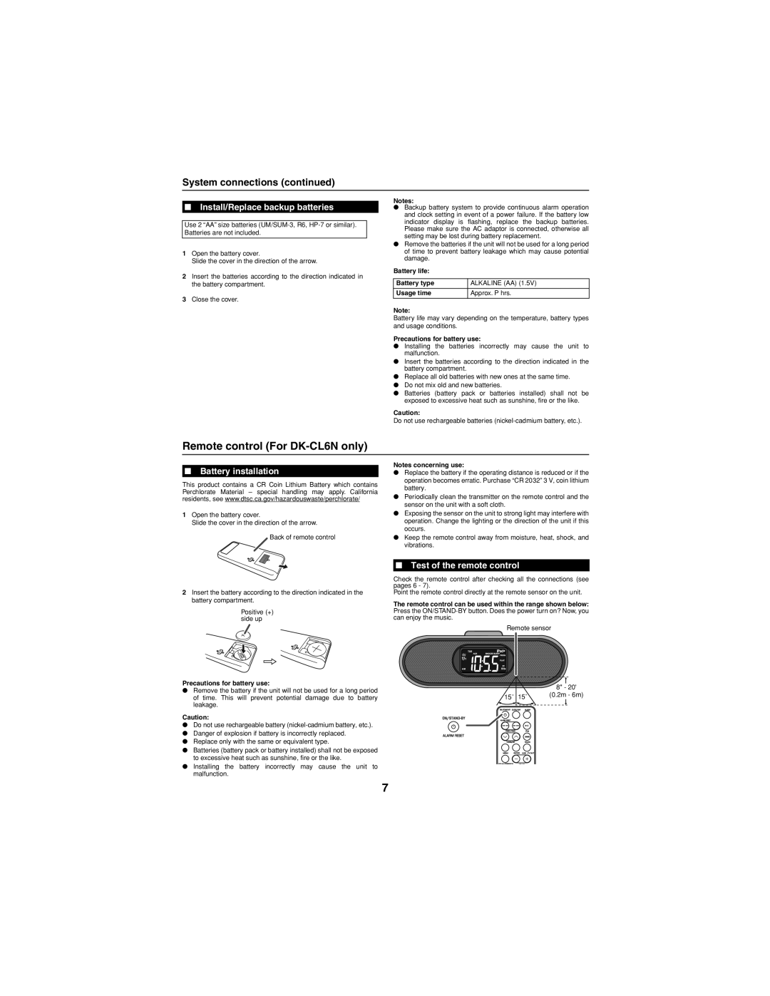 Sharp DK-CL66N Remote control For DK-CL6N only, System connections, Install/Replace backup batteries, Battery installation 