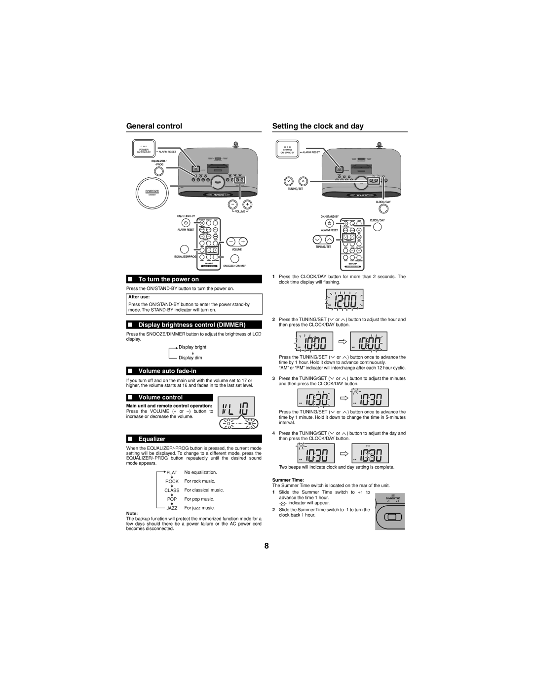 Sharp DKCL6N General control Setting the clock and day, To turn the power on, Display brightness control Dimmer, Equalizer 