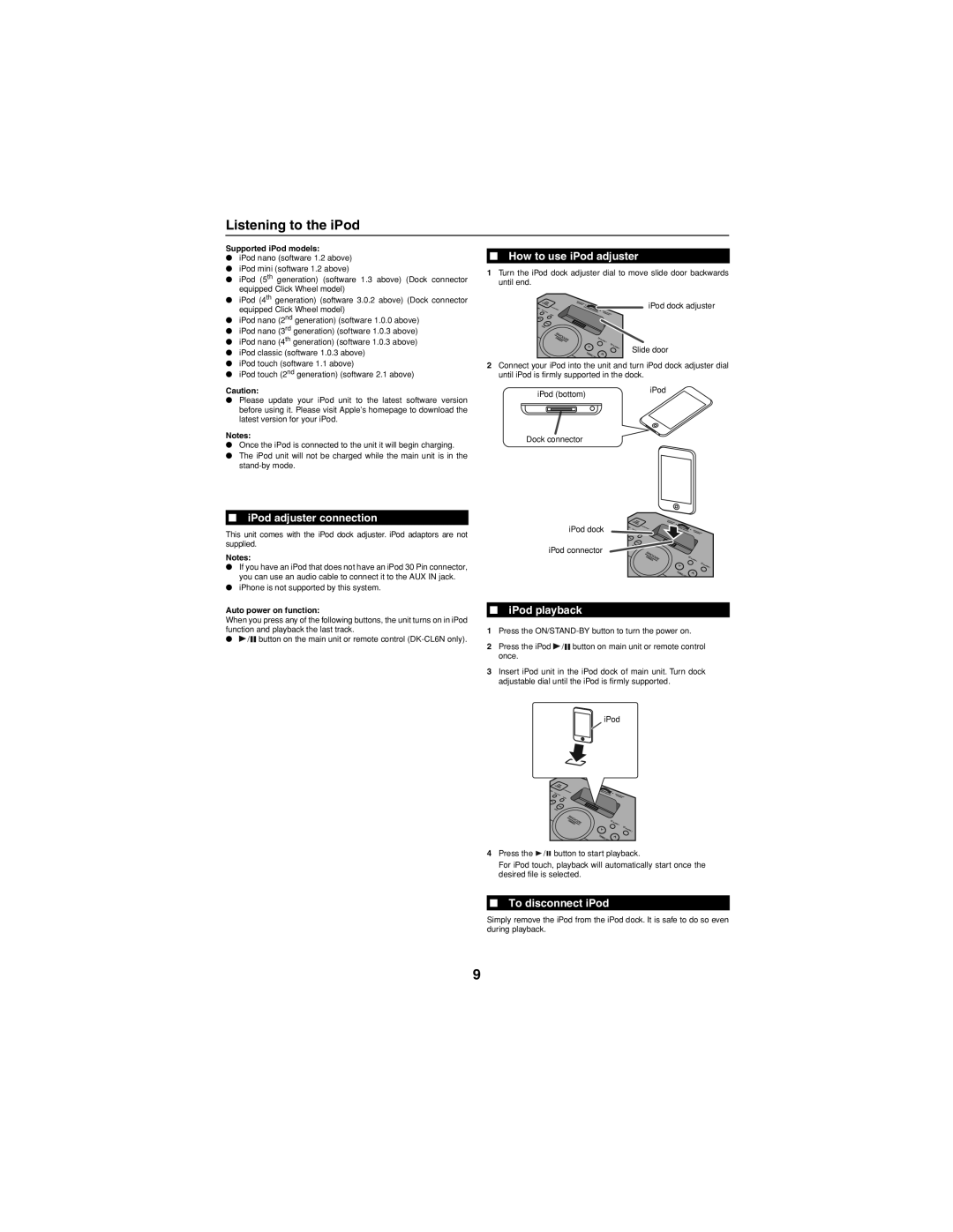 Sharp DK-CL66N, DKCL6N Listening to the iPod, IPod adjuster connection, How to use iPod adjuster, IPod playback 