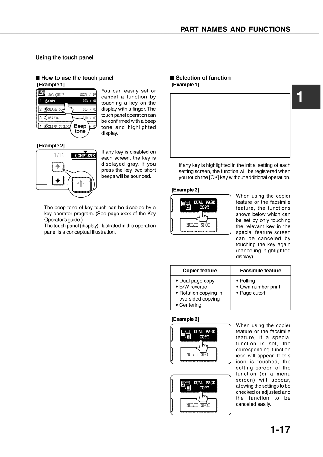 Sharp DM-4500 Using the touch panel How to use the touch panel, Tone Example, Copier feature Facsimile feature 