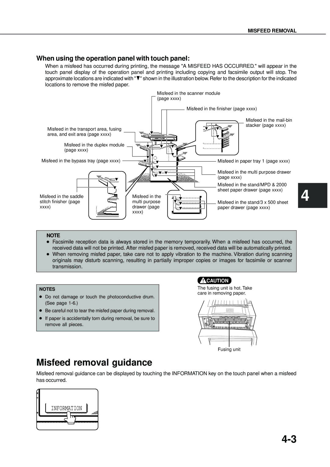 Sharp DM-4500, DM-4551, DM-3551, DM-3501, DM-4501 Misfeed removal guidance, When using the operation panel with touch panel 