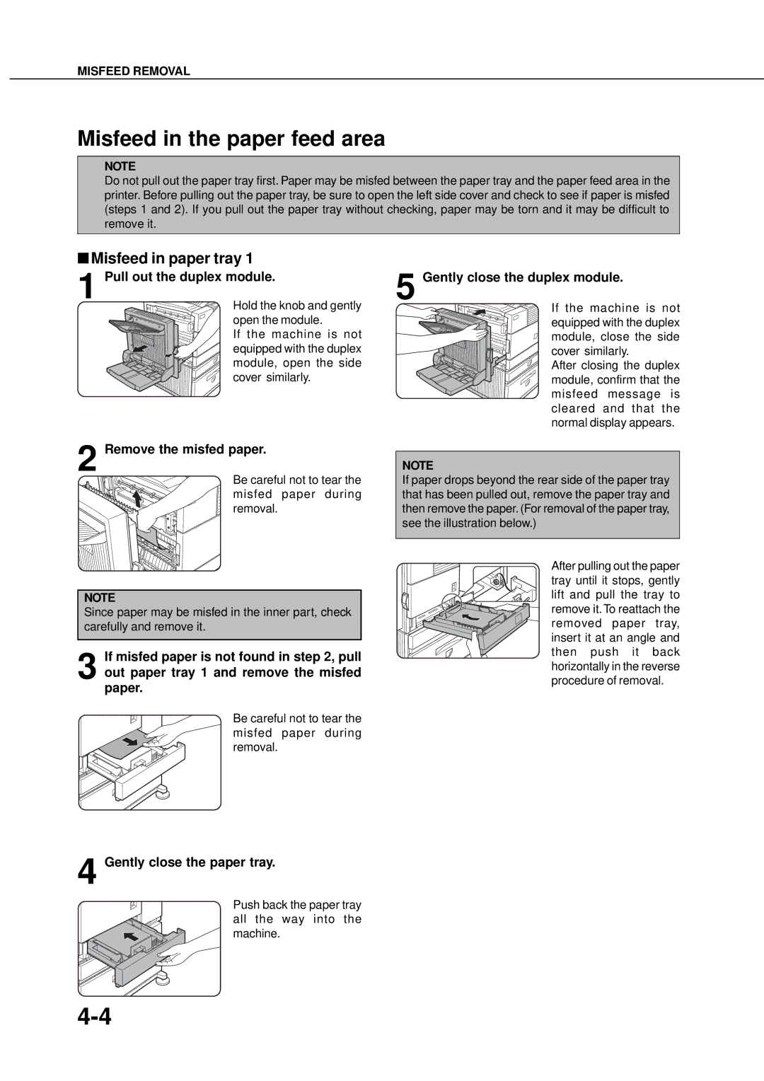 Sharp DM-4501, DM-4551, DM-3551, DM-3501, DM-4500, DM-3500, AR-P350 Misfeed in the paper feed area, Misfeed in paper tray 