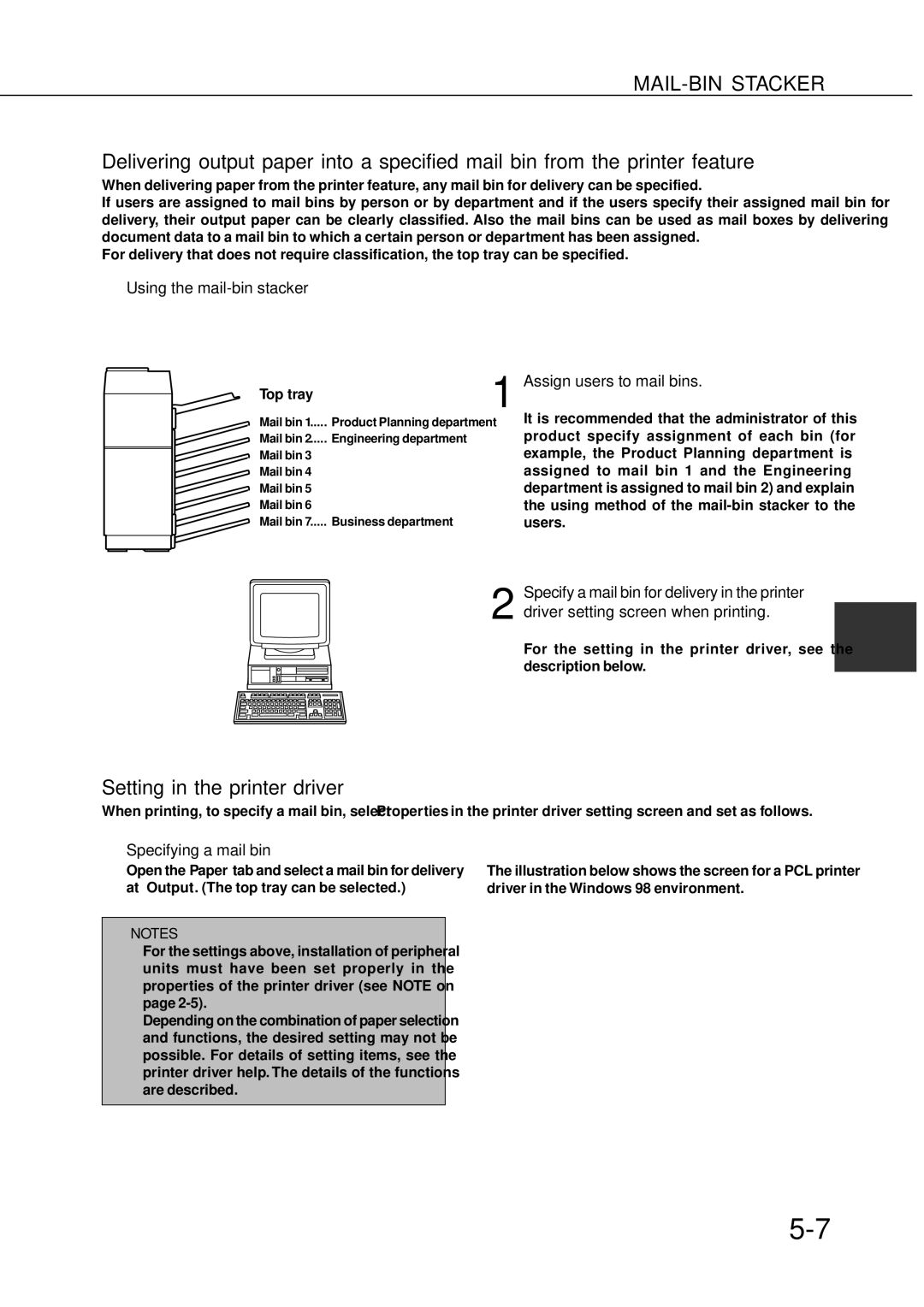 Sharp DM-4500, DM-4551 MAIL-BIN Stacker, Setting in the printer driver, Using the mail-bin stacker, Specifying a mail bin 